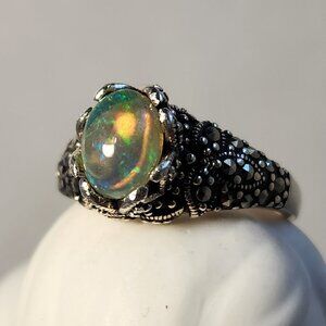 VTG 4.31g 925 Natural Ethiopian Welo Fire Opal W/ Marcasite Ring Sz 6